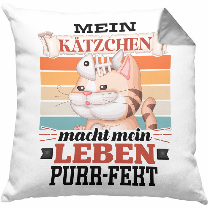 Katze Kissen mit Füllung 40x40 Geschenk Spruch Geschenkidee für Katzen-Mama Papa Katzenliebhaber Mein Kätzen Macht Mein Leben Purr-pekt (Grau) Grau Trendation