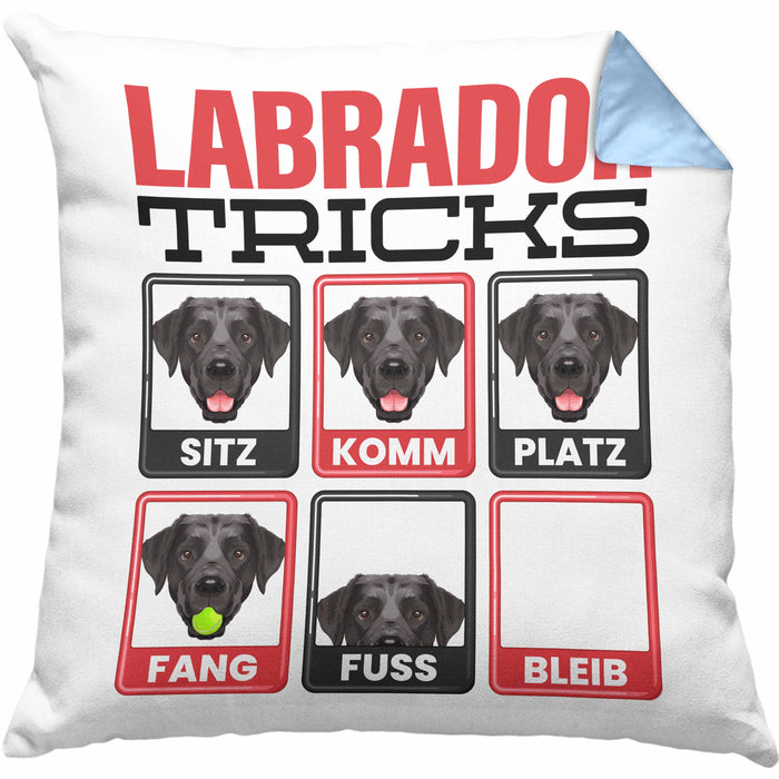 Labrador Besitzer Kissen mit Füllung 40x40 Geschenk Lustiger Spruch Geschenkidee Labrador Tricks Bleib (Grau) Blau Trendation