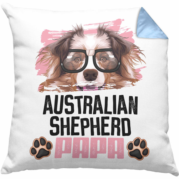 Australian Shepherd Papa Besitzer Kissen mit Füllung 40x40 Geschenk Lustiger Spruch Geschenkidee Australian Shepherd Liebhaber (Grau) Blau Trendation