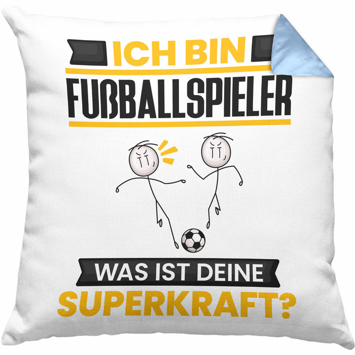 Fußballspieler Kissen mit Füllung 40x40 Geschenk für Fußballspieler Geburtstag Lustiger Spruch Was Ist Deine Superkraft (Grau) Blau Trendation