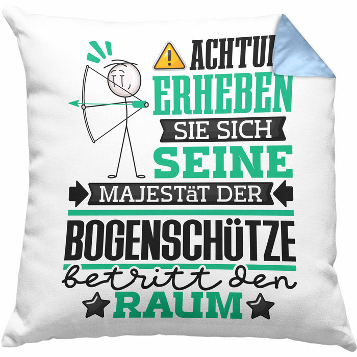 Bogenschütze Geschenk Kissen mit Füllung 40x40 Lustiger Spruch Erheben Sie Sich Der Bogenschütze Betritt den Raum (Grau) Blau Trendation