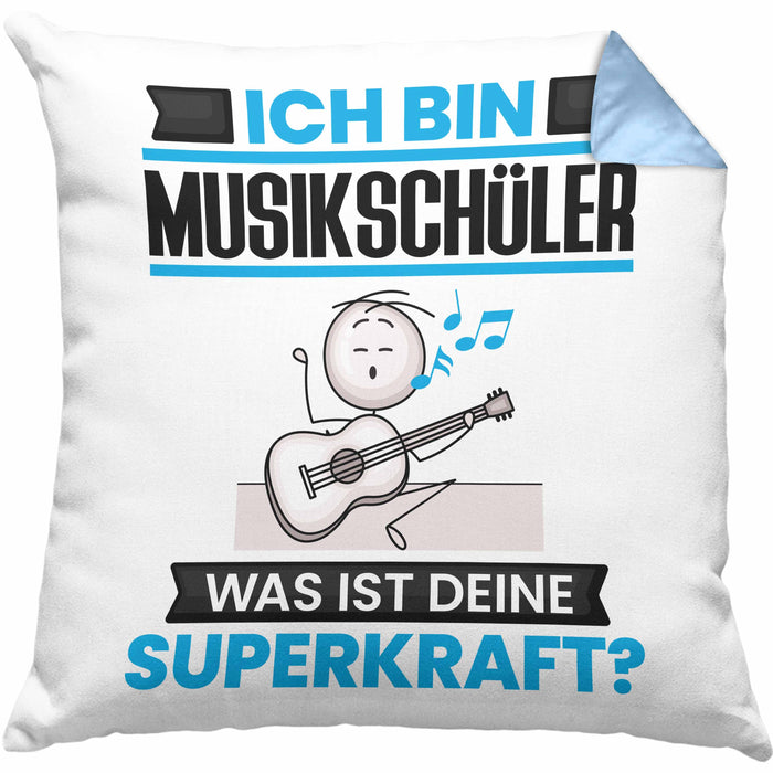 Musikschüler Kissen mit Füllung 40x40 Geschenk für Musikschüler Geburtstag Lustiger Spruch Was Ist Deine Superkraft (Grau) Blau Trendation