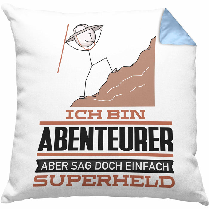 Abenteurer Geschenk Kissen mit Füllung 40x40 Ich Bin Abenteurer Aber Sag Doch Einfach Superheld Lustige Geschenkdiee für Abenteurer (Grau) Blau Trendation