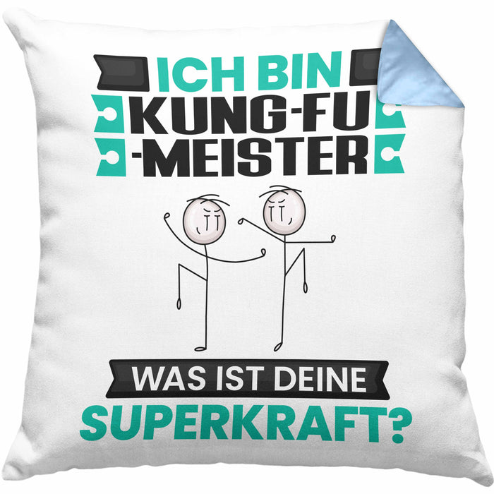 Kung-Fu-Meister Kissen mit Füllung 40x40 Geschenk für Kung-Fu-Meister Geburtstag Lustiger Spruch Was Ist Deine Superkraft (Grau) Blau Trendation