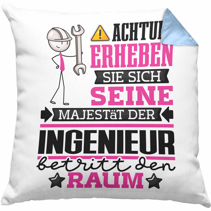 Ingenieur Geschenk Kissen mit Füllung 40x40 Lustiger Spruch Erheben Sie Sich Der Ingenieur Betritt den Raum (Grau) Blau Trendation