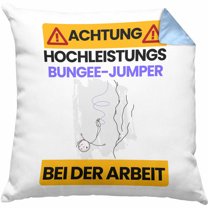 Bungee-Jumper Kissen mit Füllung 40x40 Geschenk Lustiger Spruch Geschenkidee für Bungee-Jumper Achtung Hochleistungs Bungee-Jumper Bei Der Arbeit (Grau) Blau Trendation