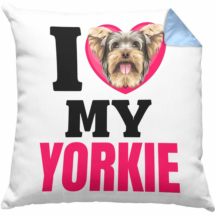 Yorkie Besitzerin Kissen mit Füllung 40x40 Geschenk Lustiger Spruch Geschenkidee I Love My Yorkie (Grau) Blau Trendation