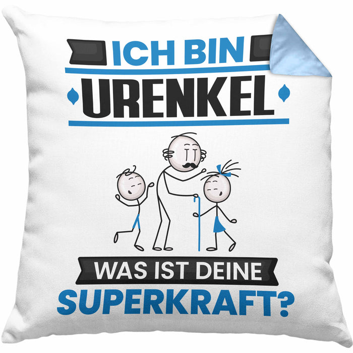 Urenkel Kissen mit Füllung 40x40 Geschenk für Urenkel Geburtstag Lustiger Spruch Was Ist Deine Superkraft (Grau) Blau Trendation
