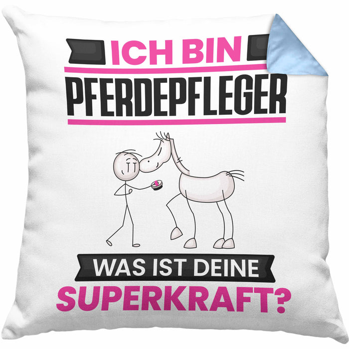 Pferdepfleger Kissen mit Füllung 40x40 Geschenk für Pferdepfleger Geburtstag Lustiger Spruch Was Ist Deine Superkraft (Grau) Blau Trendation