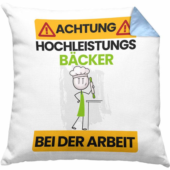 Bäcker Kissen mit Füllung 40x40 Geschenk Lustiger Spruch Geschenkidee für Bäcker Achtung Hochleistungs Bäcker Bei Der Arbeit (Grau) Blau Trendation