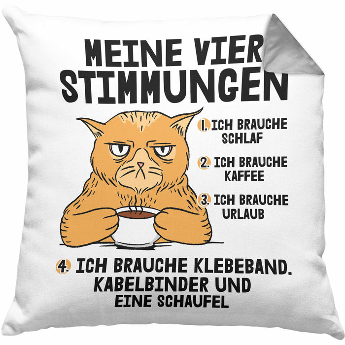 Katze Kissen mit Füllung 40x40 Geschenk Katzenbesitzerin Lustige Sprüche Kaffee Urlaub Müde Meine Vier Kaffeestimungen (Grau) Grau Trendation