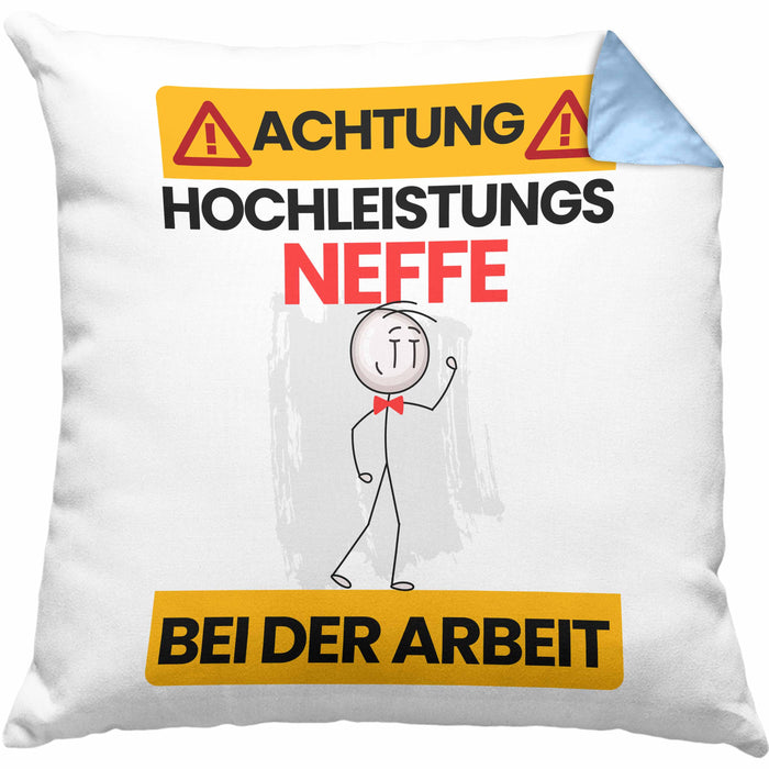 Neffe Kissen mit Füllung 40x40 Geschenk Lustiger Spruch Geschenkidee für Neffe Achtung Hochleistungs Neffe Bei Der Arbeit (Grau) Blau Trendation