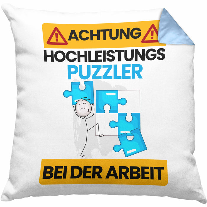 Puzzler Kissen mit Füllung 40x40 Geschenk Lustiger Spruch Geschenkidee für Puzzler Achtung Hochleistungs Puzzler Bei Der Arbeit (Grau) Blau Trendation