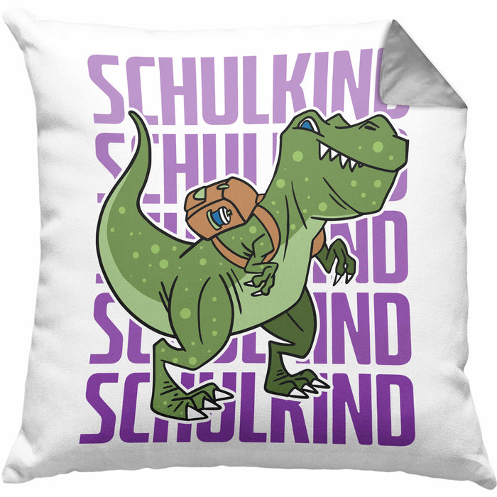 Einschulung Kissen mit Füllung 40x40 Geschenk Jungs Erster Schultag: Lustige T-Rex Dino Kissen mit Füllung 40x40 für Schulkind (Grau) Grau Trendation