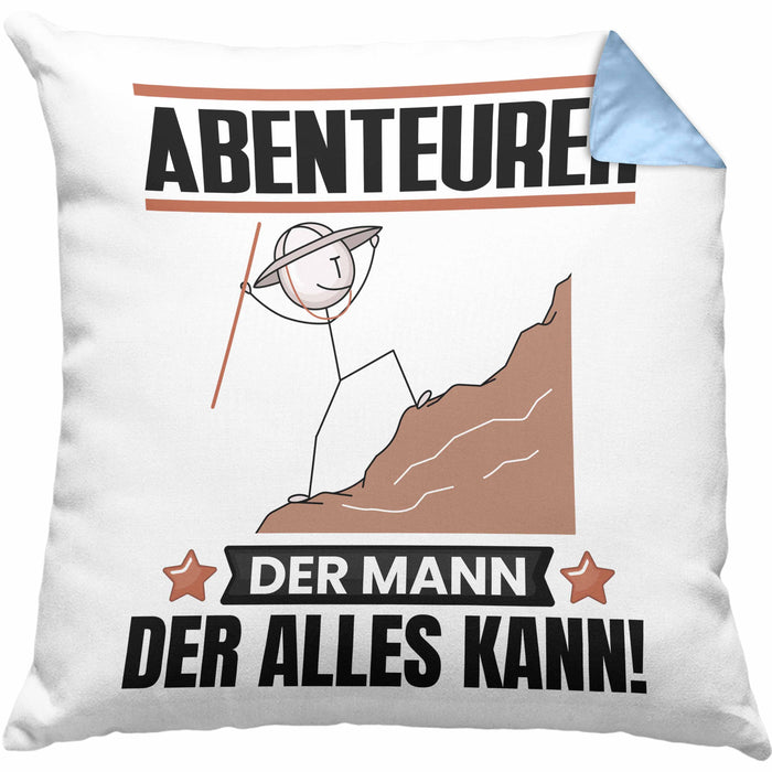 Abenteurer Kissen mit Füllung 40x40 Geschenk für Abenteurer Der Mann Der Alles Kann Geschenkidee zum Geburtstag (Grau) Blau Trendation