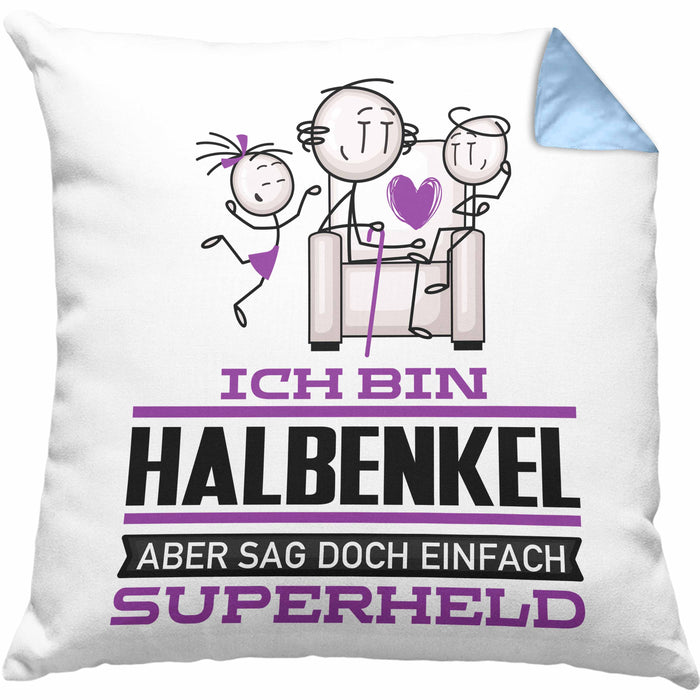 Halbenkel Geschenk Kissen mit Füllung 40x40 Ich Bin Halbenkel Aber Sag Doch Einfach Superheld Lustige Geschenkdiee für Halbenkel (Grau) Blau Trendation