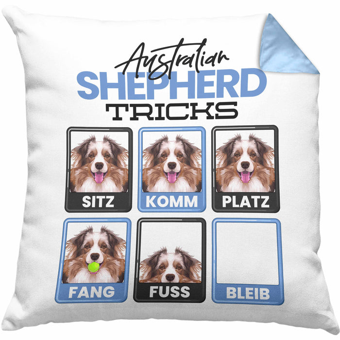 Australian Shepherd Besitzer Kissen mit Füllung 40x40 Geschenk Lustiger Spruch Geschenkidee Australian Shepherd Tricks Bleib (Grau) Blau Trendation