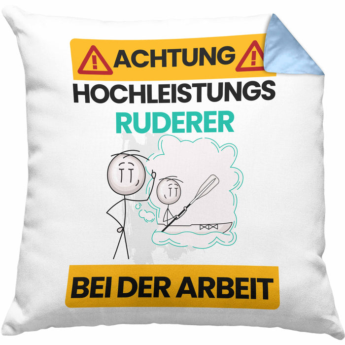 Ruderer Kissen mit Füllung 40x40 Geschenk Lustiger Spruch Geschenkidee für Ruderer Achtung Hochleistungs Ruderer Bei Der Arbeit (Grau) Blau Trendation