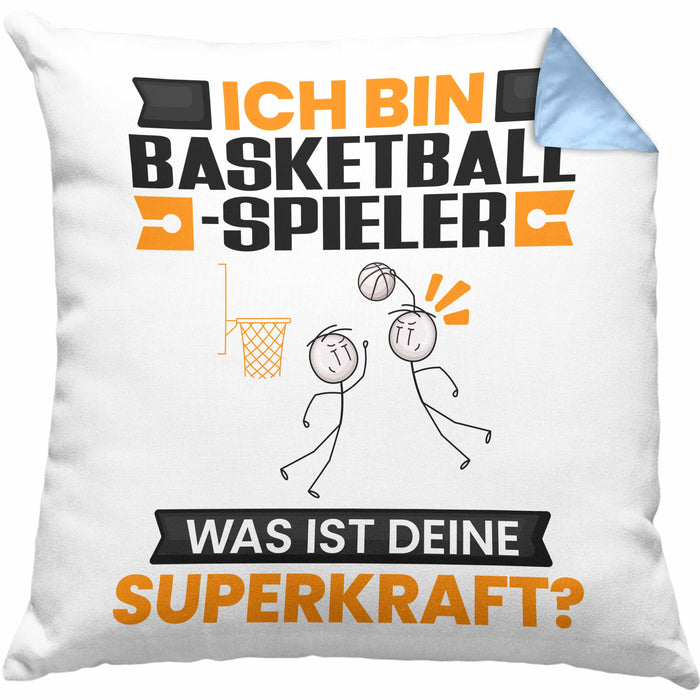 Basketballspieler Kissen mit Füllung 40x40 Geschenk für Basketballspieler Geburtstag Lustiger Spruch Was Ist Deine Superkraft (Grau) Blau Trendation
