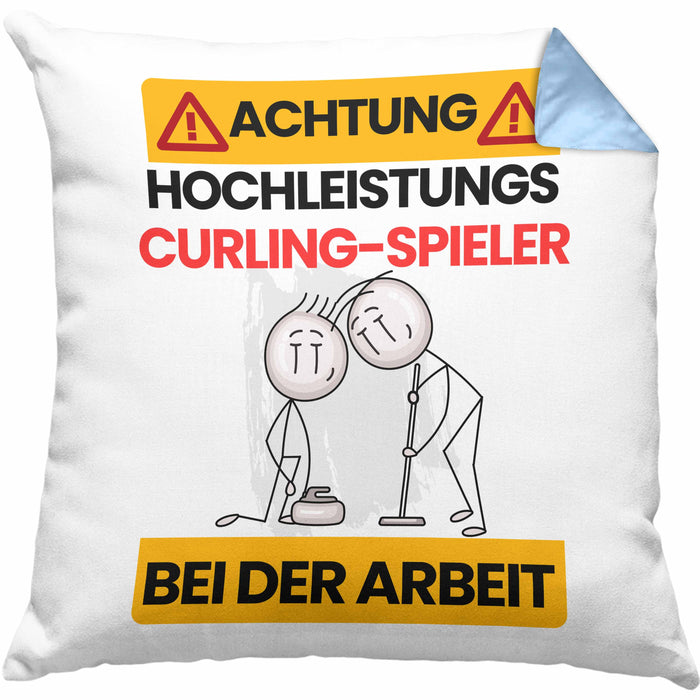 Curling-Spieler Kissen mit Füllung 40x40 Geschenk Lustiger Spruch Geschenkidee für Curling-Spieler Achtung Hochleistungs Curling-Spieler Bei Der Arbeit (Grau) Blau Trendation
