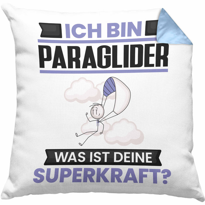 Paraglider Kissen mit Füllung 40x40 Geschenk für Paraglider Geburtstag Lustiger Spruch Was Ist Deine Superkraft (Grau) Blau Trendation