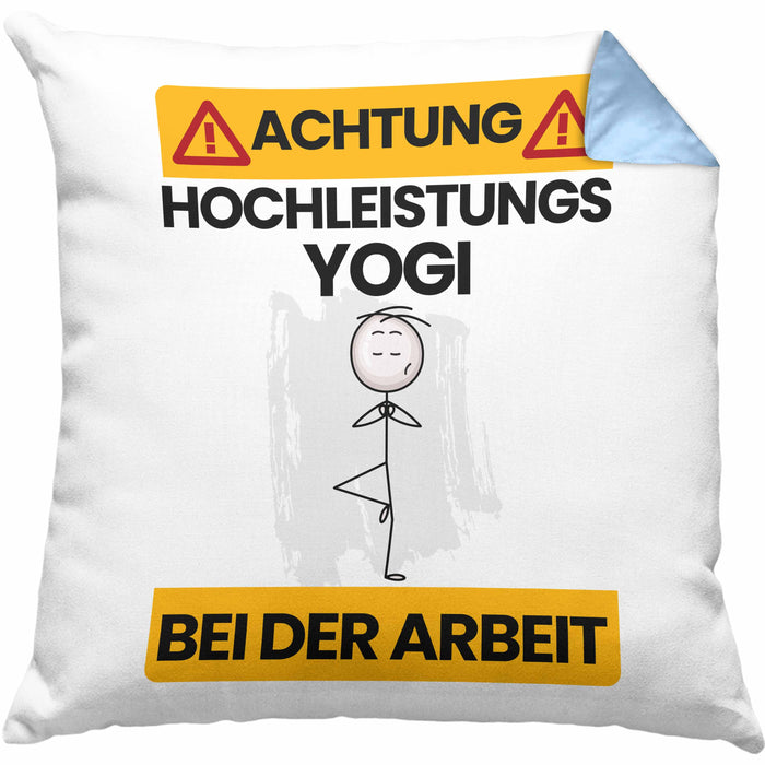 Yogi Kissen mit Füllung 40x40 Geschenk Lustiger Spruch Geschenkidee für Yogi Achtung Hochleistungs Yogi Bei Der Arbeit (Grau) Blau Trendation