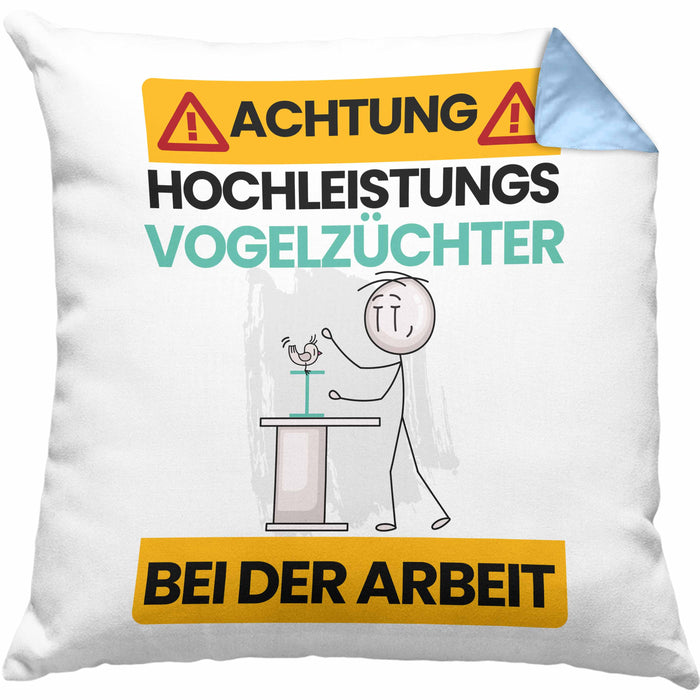 Vogelzüchter Kissen mit Füllung 40x40 Geschenk Lustiger Spruch Geschenkidee für Vogelzüchter Achtung Hochleistungs Vogelzüchter Bei Der Arbeit (Grau) Blau Trendation