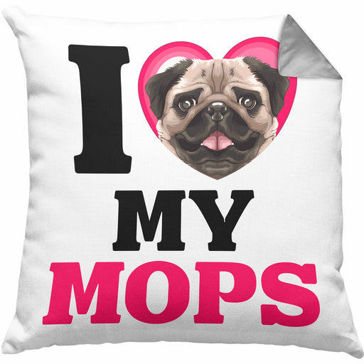 Mops Besitzerin Kissen mit Füllung 40x40 Geschenk Lustiger Spruch Geschenkidee I Love My Mops (Grau) Grau Trendation