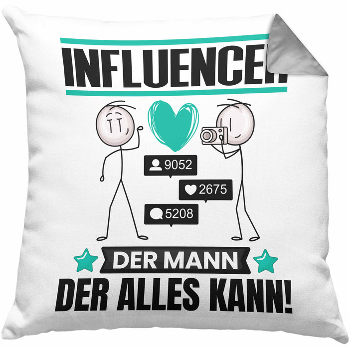 Influencer Kissen mit Füllung 40x40 Geschenk für Influencer Der Mann Der Alles Kann Geschenkidee zum Geburtstag (Grau) Grau Trendation
