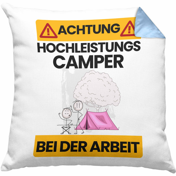 Camper Kissen mit Füllung 40x40 Geschenk Lustiger Spruch Geschenkidee für Camper Achtung Hochleistungs Camper Bei Der Arbeit (Grau) Blau Trendation