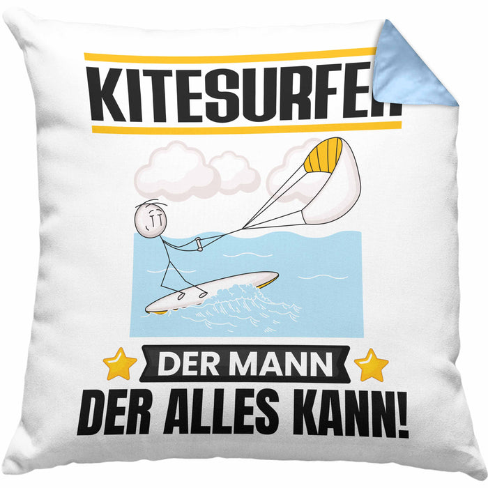 Kitesurfer Kissen mit Füllung 40x40 Geschenk für Kitesurfer Der Mann Der Alles Kann Geschenkidee zum Geburtstag (Grau) Blau Trendation