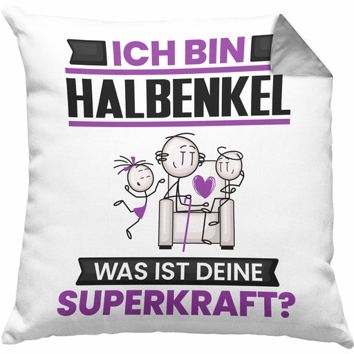 Halbenkel Kissen mit Füllung 40x40 Geschenk für Halbenkel Geburtstag Lustiger Spruch Was Ist Deine Superkraft (Grau) Grau Trendation