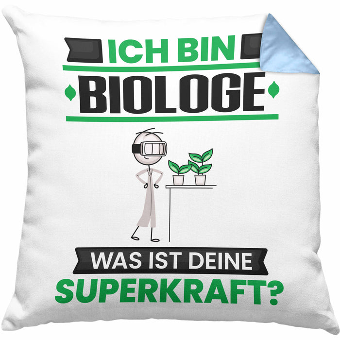 Biologe Kissen mit Füllung 40x40 Geschenk für Biologe Geburtstag Lustiger Spruch Was Ist Deine Superkraft (Grau) Blau Trendation