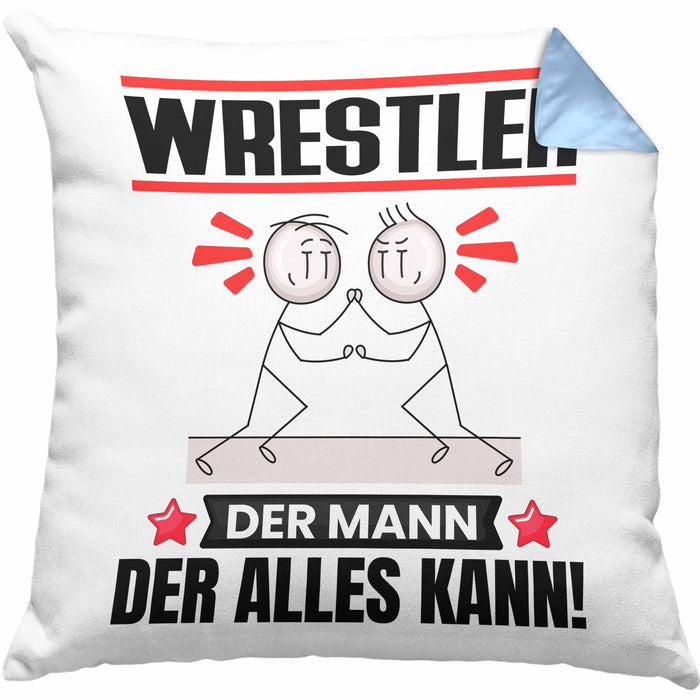 Wrestler Kissen mit Füllung 40x40 Geschenk für Wrestler Der Mann Der Alles Kann Geschenkidee zum Geburtstag (Grau) Blau Trendation