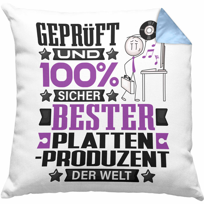 Plattenproduzent Geschenk Lustiger Spruch für Plattenproduzent Geschenkidee Bester Plattenproduzent Der WeltKissen mit Füllung 40x40 (Grau) Blau Trendation