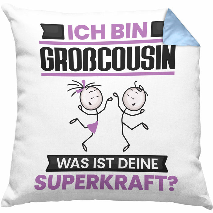 Großcousin Kissen mit Füllung 40x40 Geschenk für Großcousin Geburtstag Lustiger Spruch Was Ist Deine Superkraft (Grau) Blau Trendation