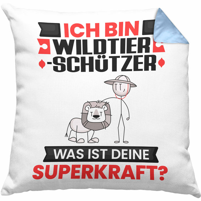 Wildtierschützer Kissen mit Füllung 40x40 Geschenk für Wildtierschützer Geburtstag Lustiger Spruch Was Ist Deine Superkraft (Grau) Blau Trendation