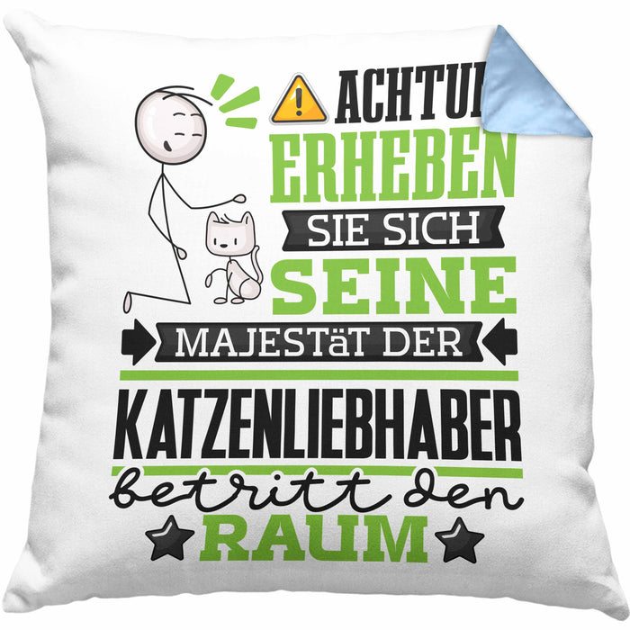 Katzenliebhaber Geschenk Kissen mit Füllung 40x40 Lustiger Spruch Erheben Sie Sich Der Katzenliebhaber Betritt den Raum (Grau) Blau Trendation