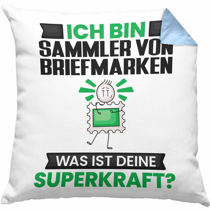 Sammler von Briefmarken Kissen mit Füllung 40x40 Geschenk für Sammler von Briefmarken Geburtstag Lustiger Spruch Was Ist Deine Superkraft (Grau) Blau Trendation