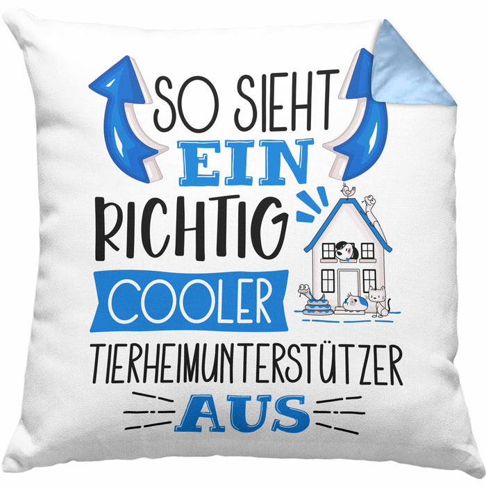 So Sieht Ein Richtig Cooler Tierheimunterstützer Aus Kissen mit Füllung 40x40 Geschenk für Tierheim Geschenkidee Spruch (Grau) Blau Trendation