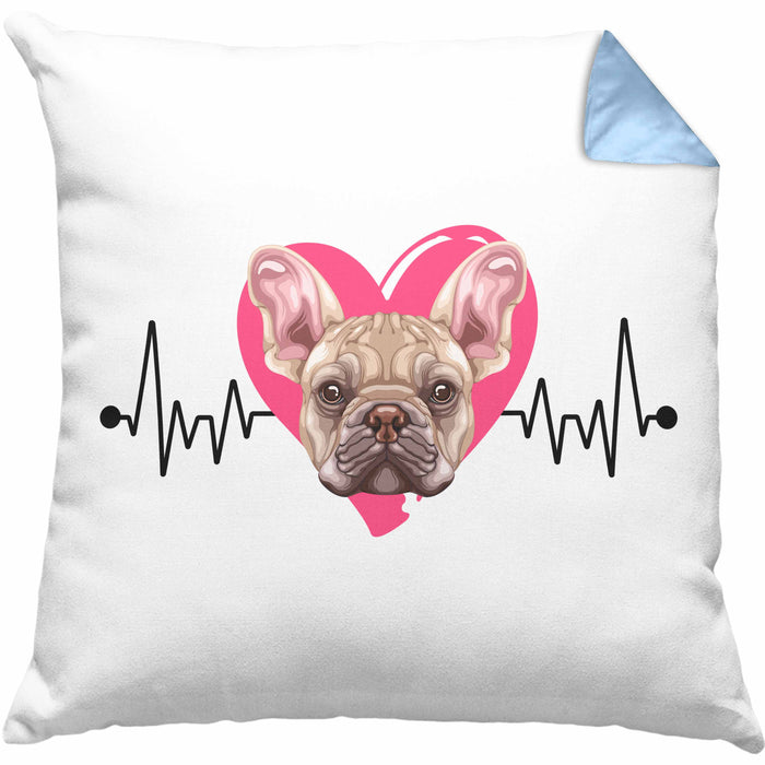 Französische Bulldogge Besitzer Kissen mit Füllung 40x40 Geschenk Lustiger Spruch Geschenkidee Herzschlag Französische Bulldogge (Grau) Blau Trendation