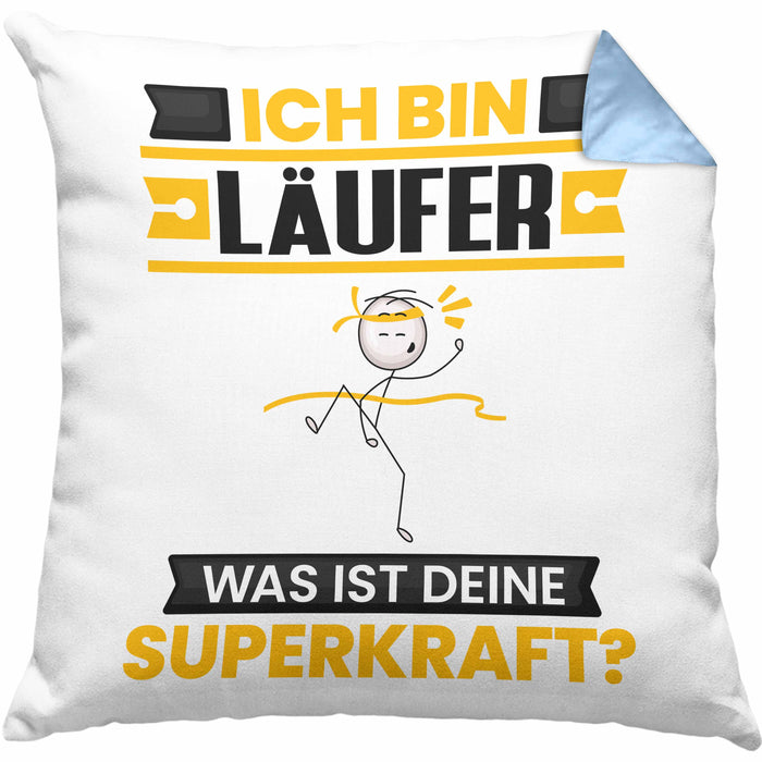 Läufer Kissen mit Füllung 40x40 Geschenk für Läufer Geburtstag Lustiger Spruch Was Ist Deine Superkraft (Grau) Blau Trendation
