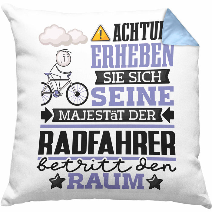Radfahrer Geschenk Kissen mit Füllung 40x40 Lustiger Spruch Erheben Sie Sich Der Radfahrer Betritt den Raum (Grau) Blau Trendation