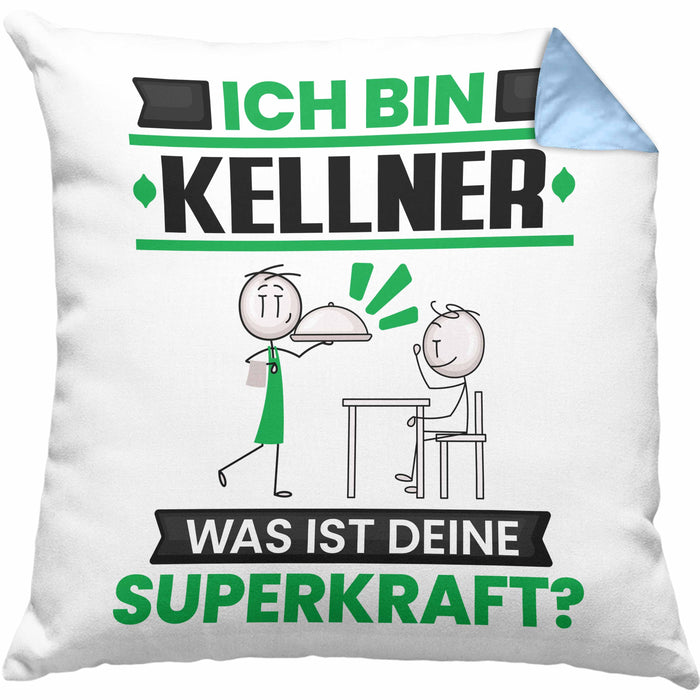 Kellner Kissen mit Füllung 40x40 Geschenk für Kellner Geburtstag Lustiger Spruch Was Ist Deine Superkraft (Grau) Blau Trendation