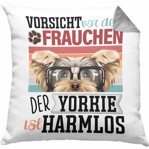 Yorkie Besitzerin Frauchen Kissen mit Füllung 40x40 Geschenk Lustiger Spruch Geschenkidee Vorsicht Vor Dem Frauchen (Grau) Grau Trendation