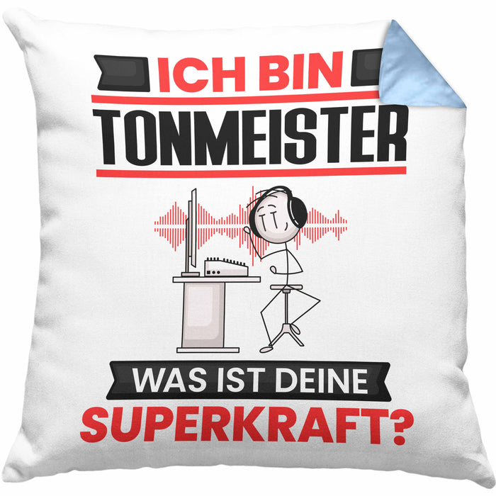 Tonmeister Kissen mit Füllung 40x40 Geschenk für Tonmeister Geburtstag Lustiger Spruch Was Ist Deine Superkraft (Grau) Blau Trendation
