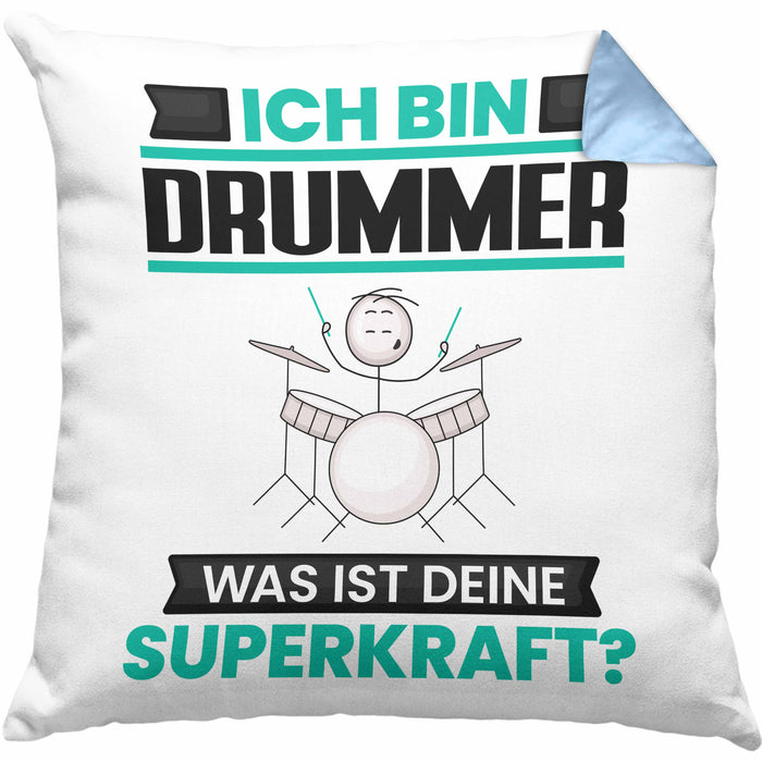 Drummer Kissen mit Füllung 40x40 Geschenk für Drummer Geburtstag Lustiger Spruch Was Ist Deine Superkraft (Grau) Blau Trendation