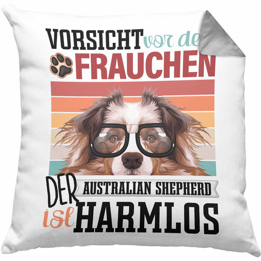 Australian Shepherd Besitzerin Frauchen Kissen mit Füllung 40x40 Geschenk Lustiger Spruch Geschenkidee Vorsicht Vor Dem Frauchen (Grau) Grau Trendation