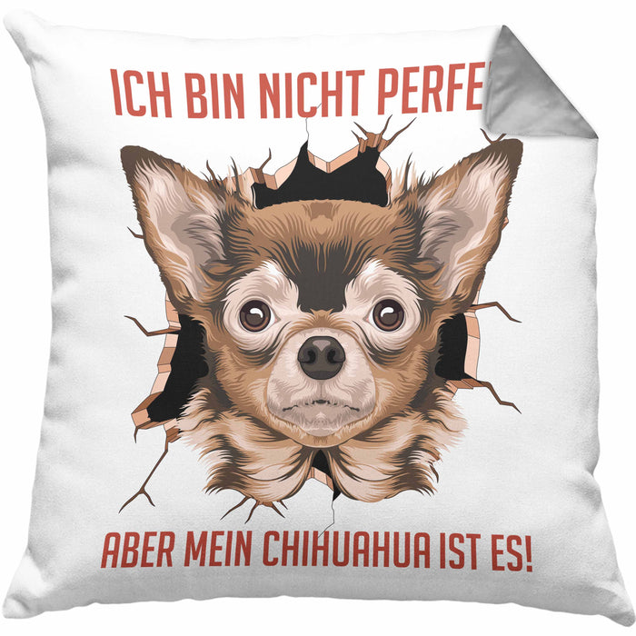Chihuhahua Besitzer Kissen mit Füllung 40x40 Geschenk Geschenkidee Frauchen Herrchen Ich Bin Nicht Perfekt Aber Mein Chihuaha Ist Es (Grau) Grau Trendation