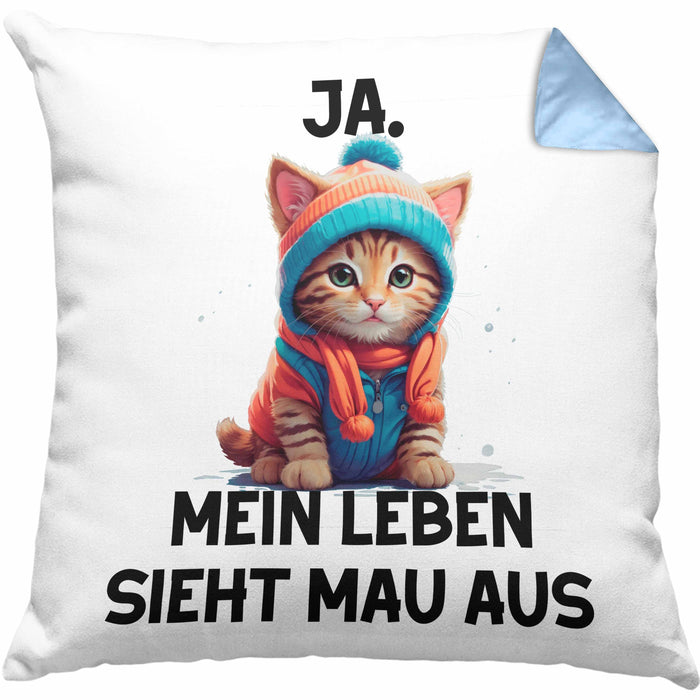 Dank Meme Kissen mit Füllung 40x40 Katzen Besitzer Wortspiel Ja Mein Leben Sieht Mau Aus Traurige Katze Geschenkidee Süße Katze (Grau) Blau Trendation